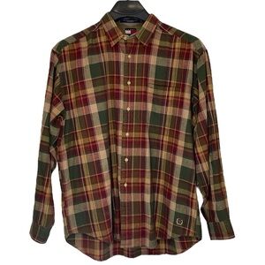 Tommy Hilfiger vintage mens Size XL linen blend maroon, gold & green plaid shirt